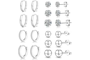Senteria Silver Hoops Earrings for Women 925 Sterling Silver Stud Earrings 8 Pairs Small Silver Hoop Earrings with Cubic Zirconia Stud Earrings Set Hypoallergenic Huggie Hoop Earrings for Women
