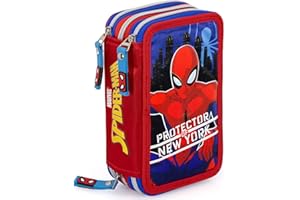 Clondo Estuche triple relleno, 44 accesorios escolares, 3 cremalleras, 20 cm, Spidermanprotector25, Portalápices