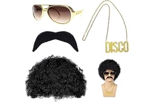 SINRAD Abbigliamento da uomo anni '70, anni '80, costume hippie da uomo, costume hippie, parrucca afro, adatto per cosplay, Halloween, feste in costume, ecc. (4 pezzi), Nero