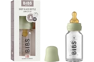 BIBS Baby Glass Bottle 110ml, Vermindert Koliken, Runder Sauger aus Naturkautschuklatex, Unterstützt das Stillen. Complete Set - 110 ml, Sage