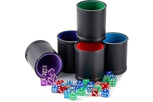 TOPTAN 5 Pack Black PU Leather Dice Cups with Colorful Velvet Felt-Lined Interior and 30 Matching Colorful Transparent Dices