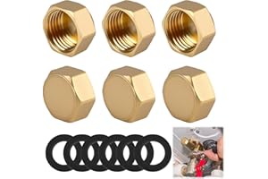 JCSJK 1/2 inch Brass Blanking Cap, Female Radiator Valve Plug, Hex Brass Blanking Stop Nut with Sealing Tape, Plumbing Fittings for Washing Machine Pipe Faucets (6 Pack)