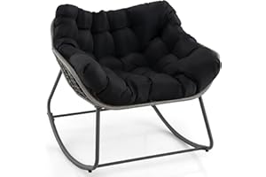 COSTWAY Outdoor Rocking Chair, Oversized Patio Wicker Egg Chair with Thick and Removable Cushion, Rattan Comfy Rocking Lounge Chairs for Living Room, Balcony, Yard & Porch (Black, 100 x 98 x 89 cm)