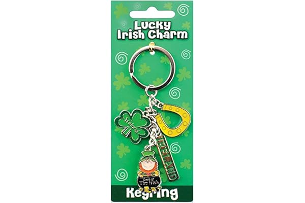Porte-clés style irlandais avec fer à cheval, trèfle et léprechaun dans un pot doré