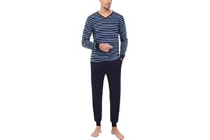 Bresdk Pijama Hombre Invierno Algodon Manga Larga Ropa de Dormir Rayas Pijamas Largos Cuello en V Dos Piezas