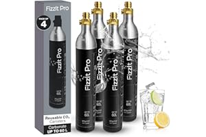 FizzIt Pro 425g CO2 Cylinders, Carbonates Up to 240L, Refillable Soda Makers, Fits Most Screw-Type Compatible Models, Efficient Carbonation for Water & Beverages, Compact & Cost-Effective (Pack of 4)