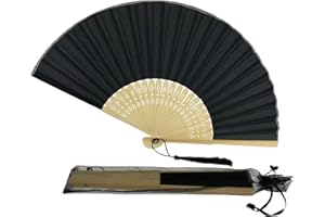 FANSOF.FANS FANSOF. FANS Ventilador de tela de seda con una tassel grado A bambú costillas fiesta de boda favor ventilador de mano ((Negro)