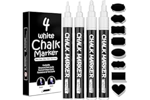 AOSUCO White Chalk Pens, Washable Liquid Chalk Pens for Blackboards, Window, Glass, Chalkboard, Jars, 4 Pack Chalk Markers (3mm & 6mm Reversible Tip) with 45 Labels, Wipeable Blackboard Pens