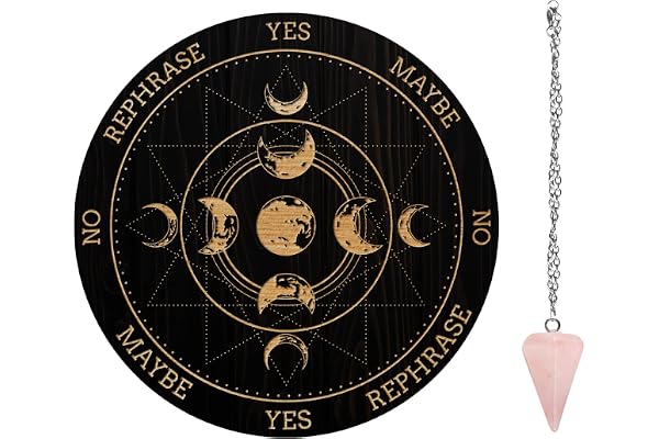 AHANDMAKER Planche à Pendule Piste des Phases de la Lune, 7.8" Panneau de Métaphysique de Divination en Bois Sculpté avec Collier de Pendule en Cristal Divination pour Sorcellerie Wiccan Autel Kit