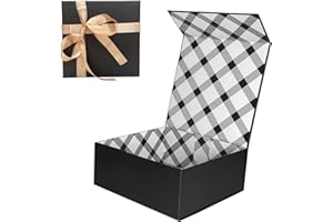 Tekhoho Caja de Regalos Negro 21,5x21,5x9 cm, Caja de Regalos Premium con Tapa MagnéTica y Cinta para Embalaje de Regalos de Bodas y CumpleañOs, Forro a Cuadros