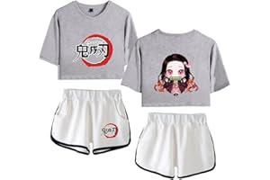 Yumenam Mujer Demon Slayer Crop Top + Pantalones Cortos 2 Piezas Trajes de Traje Cortos Camiseta con Estampado de Anime Tops y Pantalones Cortos Chándales Casuales Conjuntos de Pijama de Verano