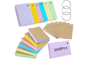 ‎MOINKERIN moinkerin Karteikarten 300 Stücke 4.13 * 2.91 Inch Mehrfarben Lernkarten Flashcards mit 4 Binderingen 6 Kraftpapier Karteikarten für Büro Haus Schule Lernen Linierte