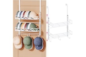SWTYMIKI Over Door Hat Rack - 3 Tier Wall Mounted Hat Rack with 2 Adjustable Metal Basket and 3 Hooks, Hanging Baseball Cap Organizer Storage Holds up to 29 Caps for Door, Bedroom, Closet, White