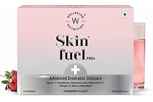 Wellbeing Nutrition Skin Fuel Pro+ | Glutathione, VIT C & E, Vollagen® & PhytoCellTec™ | Reduces Pigmentation & Dark Spots | Skin Whitening | Anti-Aging | Strawberry Flavour, 28 Servings
