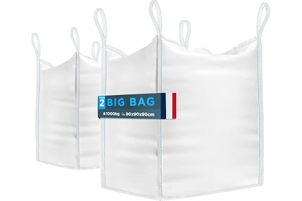 BIBODU Big Bag (2 UNITÉS) de 1000kg | Sac a Gravats 90x90x90 cm | Big Bag Jardin Résistant et Réutilisable | Big Bag Gravat parfait pour Chantiers, Jardin, Sable, Déchets et le Bois
