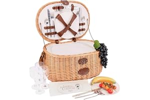 Les Jardins de la Comtesse Vendôme Natural Insulated Wicker Picnic Basket for 4 People - Eco-Responsible Plates/Glass Wine Glasses/Basket - Beige - 47 x 33 x 21 cm