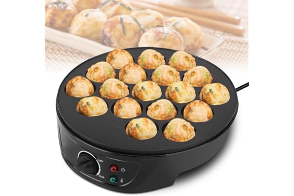 Machine à Takoyaki, Takoyaki Électrique en Fonte Pancake Ball Maker avec 18 cavités Poffertjes Poêle à Revêtement Antiadhésif, pour la Fabrication de Takoyaki Japonais