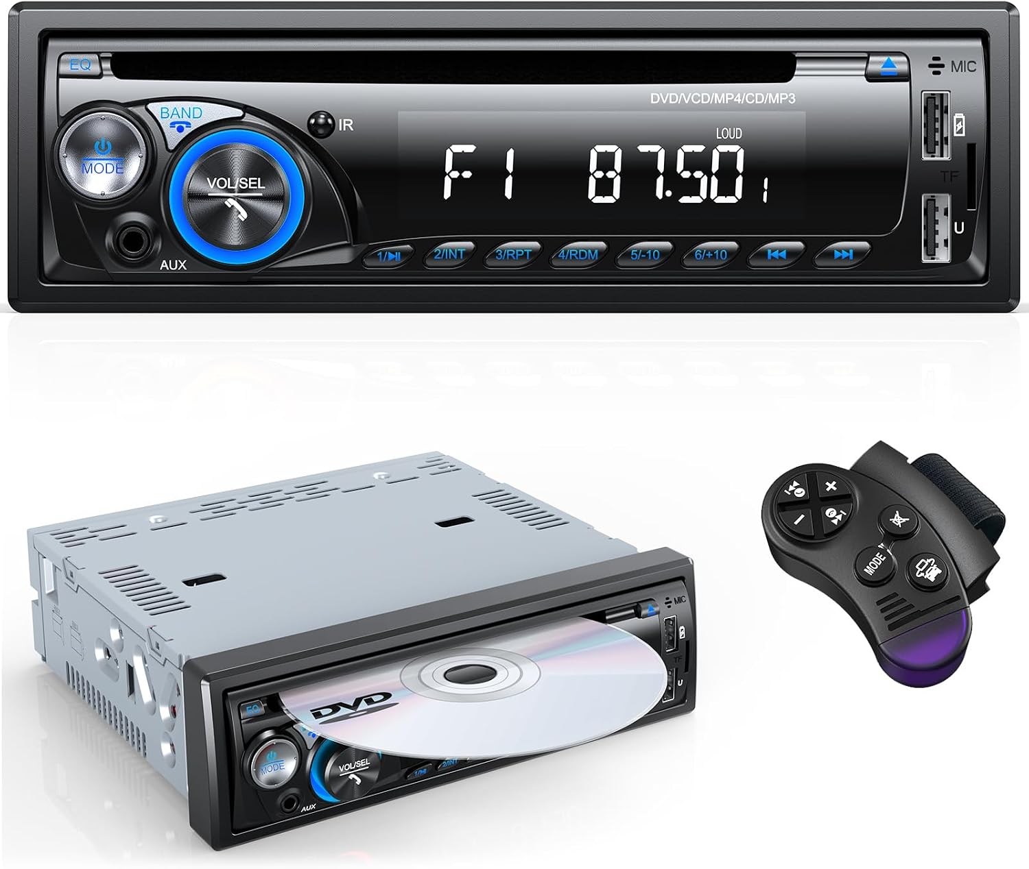 RDS Car Stereo Bluetooth with CD DVD Player, Wistrue FM/AM Car Radio Bluetooth Handsfree with 2 USB/SD/AUX, Single Din Car Stereo 7 Colors MP3 Player,Fits 9-24V Vehicles