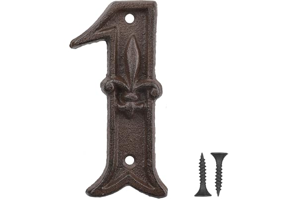 Vandicka Numéro de Maison en Métal 1, Numéro de Porte, Numéro D'adresse, Numéro de Boîte aux Lettres - Style Vintage, Rustique Marron Vieilli Finition avec Fleur de Lis Gaufrée, Hauteur 114 mm