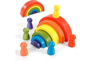 WISPLYE Jeu Arc en Ciel en Bois, Jouets Montessori Bloc de Construction, 12pcs Puzzle de Nidification Tour d'empilage + Poupées en Bois, Jouet d‘Éveil Éducatifs Cadeau pour Tout-Petits Enfants Garçon Fille
