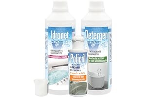 Metacril Set Idronet 500 ml + Detergen 500 ml + Policril 200 ml + Dosatore, Igienizzante, Gel Detergente AntiGraffio e Cera per Superfici Acriliche, Ideale per Vasca Idromassaggio di Tutte Le Marche
