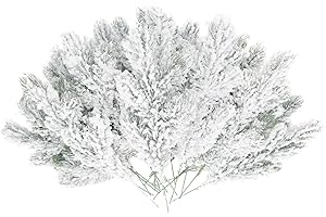 KUNJOCY 20 Stück verschneite künstliche Tannennadeln, Zweige, künstliche mattierte Kiefernstocher, grüne Stiele, Weihnachts-Kiefernbaum, Pick, Winter, Girlanden, Blumenarrangement (20)