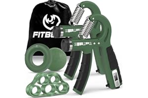 FitBeast Set de Entrenador de Fuerza de Agarre de Doble Conteo - Optimizador de Antebrazo, Muñeca y Mano - 5 Pack con Resistencia Ajustable, Verde Oscuro