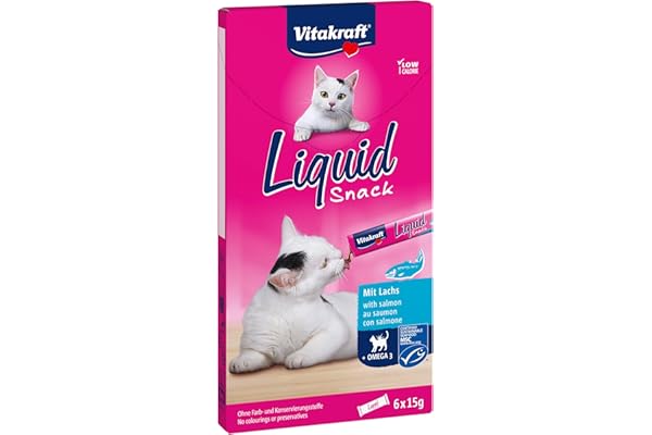 Vitakraft Liquid Snack, snack cremoso para gatos, con salmón y ácidos grasos omega 3, en bolsitas individuales, para una piel sana (1 paquete de 6x 15g)
