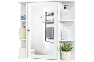 COSTWAY Wisząca Szafka Łazienkowa z Lustrem, 4 Zamykane Półki i 6 Otwartych, Drewniana, 66 x 17 x 63 cm, Biała – Duża Przestrzeń i Nowoczesny Design