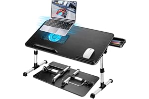 AirOpen Stolik do Laptopa do łóżka, Regulowana Wysokość i Kąt, Składany, Z Szufladą, Wentylator Chłodzący do Laptopa, Może być Używany w łóżku, na Kanapie, na Podłodze (60 x 34 cm, Czarny)
