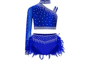 Miaeowve Kids Girls Rhinestones Ballet Jazz Costume Crop Top with Feather Briefs Stage Performance Dance Outfit