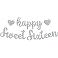 TONIFUL Silver Glitter Happy Sweet 16 Birthday Banner, Pre-Strung Glitter Happy 16 Birthday Decoration for Girls，Happy 16th Birthday Sign for Women, Girls