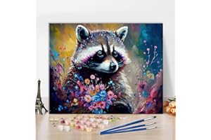 TISHIRON Pittura con numeri fai da te - Kit per adulti - Procione e fiore su tela - Artigianato - Regalo per decorazione da parete