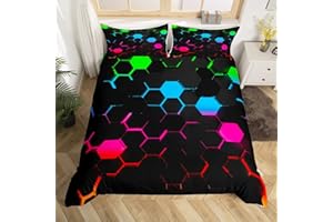 MANFEI Geometrische Waben Bettbezug Kinder Jungen Neon Licht Bunte Hexagon Tröster Abdeckung S Größe,Teens Mädchen Gamer Zimmer Dekor Mode 3D Gaming Bettwäsche Set Moderne Schwarze Quilt Cover