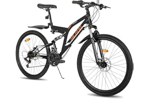 ‎ROCKSHARK Hiland 26 Zoll Mountainbike Rad Vollfederung Mountain Bike Fully Shimano 21 Gang Fahrrad mit Rahmenpaket Schutzblech Federgabel Scheibenbremsen MTB für Herr Damen Jungen Mädchen Schwarz/Grau/Weiß