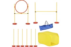 PawHut Conjunto 4 Obstáculos de Entrenamiento para Perro Set de Agilidad para Mascotas Estable Altura Ajustable de Aro con Túnel Postes y Bolsa Transporte Amarillo