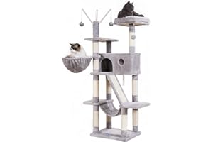 Hey-brother Albero per gatti, 154 cm, torre per gatti da interno, con piattaforma imbottita, palline giocattolo, grande condominio accogliente, amache e tiragraffi in sisal, grigio chiaro EMPJ019W