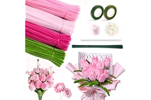 GOOGO Kit de 400 Pièces Chenille Loisir Creatif, 4 Couleurs Fils Chenilles Loisirs Creatifs avec 20 Fils Verts, 2 Rubans Floraux, 1 Ruban, 1 Bâton de Colle, 100 Perles Décoratives (Tulipes Rose)