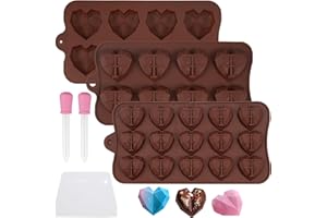 KINETICKRAFT Lot de 3 Moule en Silicone en Forme de Cœur 8 Cavités et 15 Cavités Antiadhésif Réutilisables Avec Goutte et Raclette, Lavable au Lave-Vaisselle, Qualité Alimentaire pour Chocolat Gelée Saint-Valentin