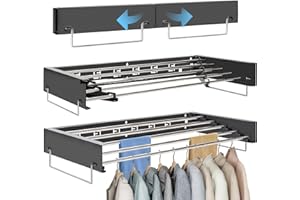 OUUTMEE Montowany na ścianie wieszak do suszenia ubrań, wysuwana suszarka na ubrania, składany stojak do suszenia prania z prętami 80 cm x 5 wiszącymi żyłkami, składana suszarka do ubrań do wewnątrz i na