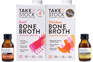 FLEUR FOODS Take Stock Chicken Bone Broth (1), Take Stock Beef Bone Broth (1) (500ML) with 2 Shots of Ginger, Honey, Turmeric with Apple Cider Vinegar| Low Calorie, Keto, High Protein & Collagen Supplement
