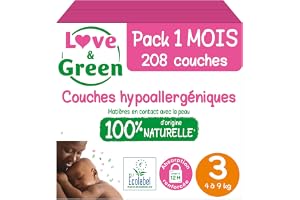 Love & Green - Hälsosamma babyblöjor - storlek 3 (4-9 kg) - 1-månadspaket (208 blöjor) - absorberande, läckagesäker och fri från oönskade ingredienser - Dermatest-certifierad