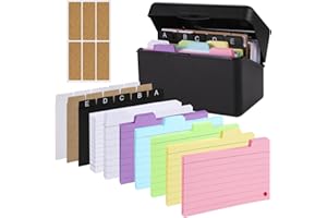 XREE Caja para Tarjetas Flash Negra, 15 x 9,5 x 8,5cm Caja de Índice Caja de Plástico para Tarjetas de Índice Incluye 230 Fichas Coloridas 15 Registros 6 Anillos 6 Pegatinas para Aprender Notas Oficina