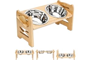 TOWEAR Raised dog Bowl, elevated dog bowls,6-Level Adjustable Raised, Bamboo Dog Feeding Station, 2 Stainless Steel Pet Bowl, dog bowls with stand for Dog and cat Raised Feeders(For small Dogs)