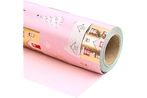 RUSPEPA Reversible Christmas Wrapping Paper - Mini Roll - 43.2cm x 10m - Pink House and Polka Dots Design with Metallic Foil Shine for Chrsitmas, Holiday, Party Celebration