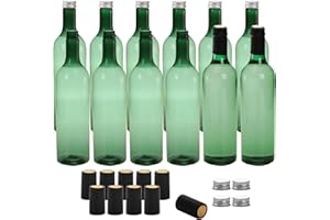 WUWEOT 12 Pack Plastic Wine Bottles, 750ml Reusable Empty Bordeaux-Style Liquor Bottle, Green Long Neck WIne Bottles with Screw Lid and Shrink Capsules Caps