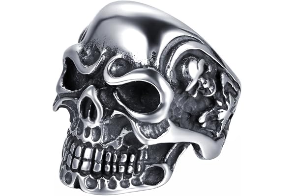 JewelryWe Bijoux Bague Homme Crâne Diable Tête de Mort Vintage Gothique Halloween Noël Acier Inoxydable Anneaux Fantaisie Couleur Noir Argent (Taille de Bague Optionnel)