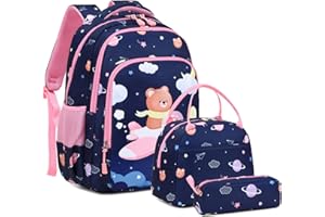 Kimwadalh Uroczy plecak z niedźwiedziem dla dziewcząt, torba szkolna, podstawowy plecak na książki 3 w 1, plecak dziecięcy z torbą na lunch, torba na długopisy