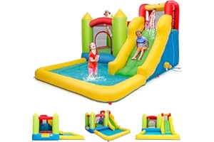 RELAX4LIFE Castello Gonfiabile d’Acqua per Bambini, 350.5 x 190.5 x 280.5 CM, Piscina Gonfiabile con Scivolo e Salita da Arrampicata, Centro di Gioco Gonfiabile per Esterno