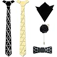 Axlon Mirror Pre Tied Reversible Mettalic Mirror Tie Pocket Square and Brooch Pin Bow Tie for Men - Diamond Cut (Free Size, Golden Black)